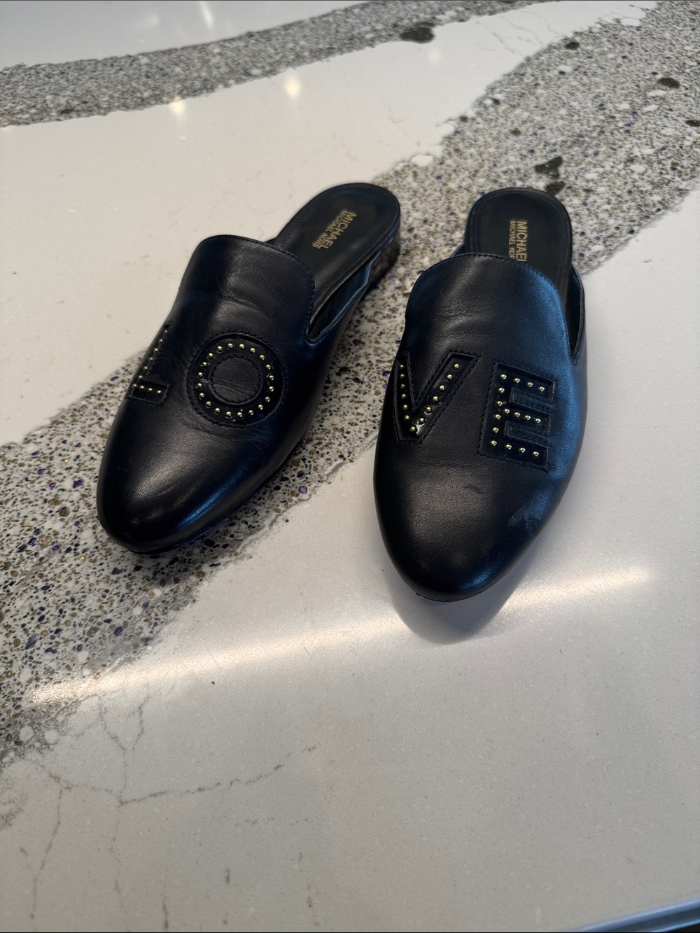 Michael Kors Black Leather LOVE Mule Slides with Stud Accents Sz8.5